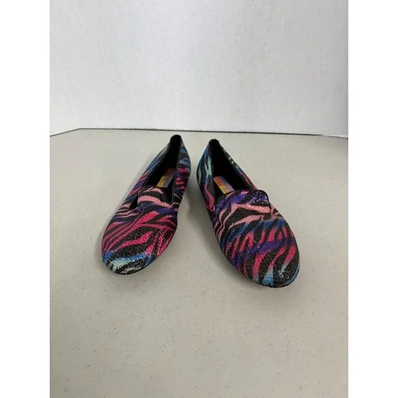 Hot Cakes Womens 8.5 M Rainbow Zebra‎ Sequin Loafers Smoking Flats Multicolor