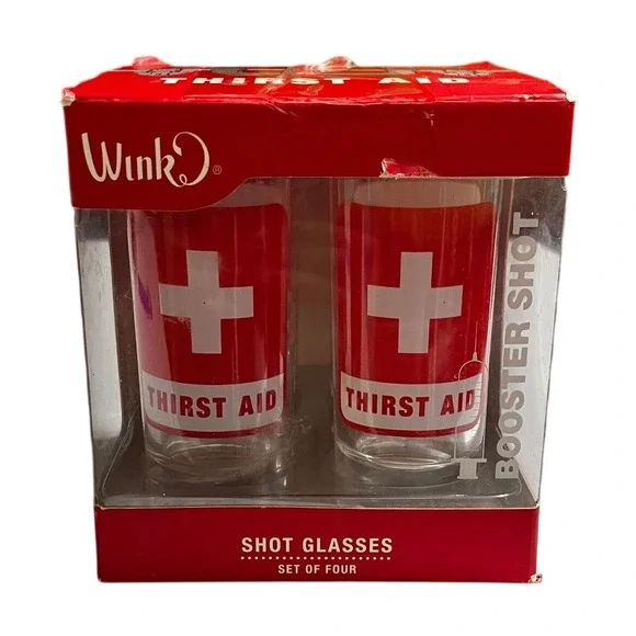 Wink Thirst Aid Shot Glasses Set of 4 Red White Medical Novelty Booster Shot