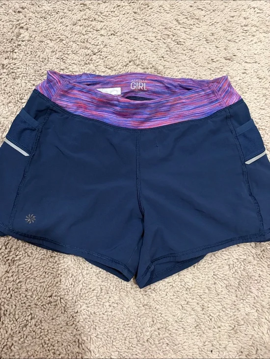 Athleta Navy Shorts with Purple-Pink Marled Waistband