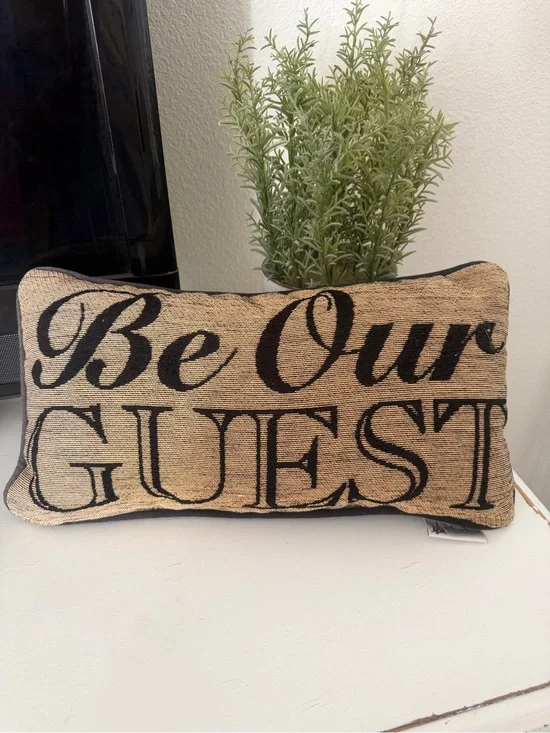 Disney Be Our  Guest Burlap Accent Pillow - Neutral Black Text