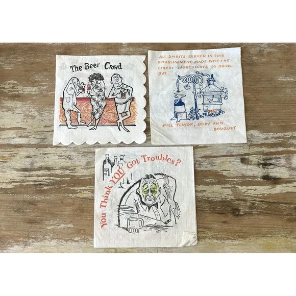 Vintage bar paper cocktail napkins gag joke themed drinking bartenders 1960's
