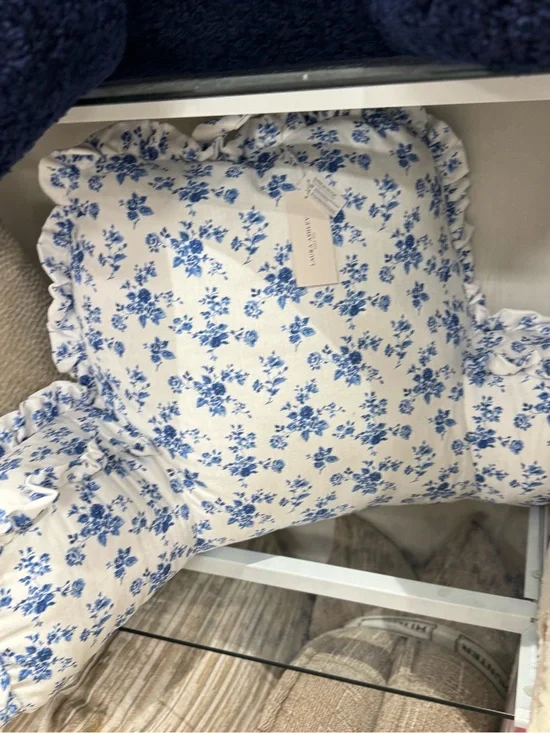 Laura Ashley Blue and White Floral Ruffle Accent Pillow