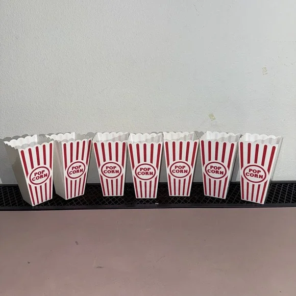 Set of 7 Red White Plastic Popcorn Containers Buckets‎ Home Movie Theater Retro