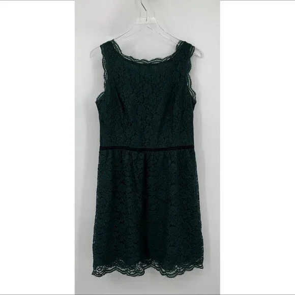 Loft sleeveless lace shift dress hunter green forest fit flare ribbon trim 12