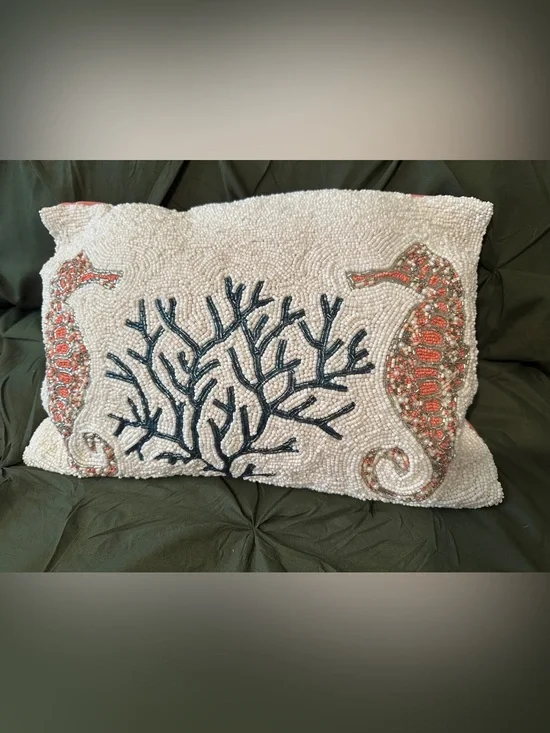 Handcrafted Coral & Seahorse Beaded Throw Pillow - Ivory and Navy