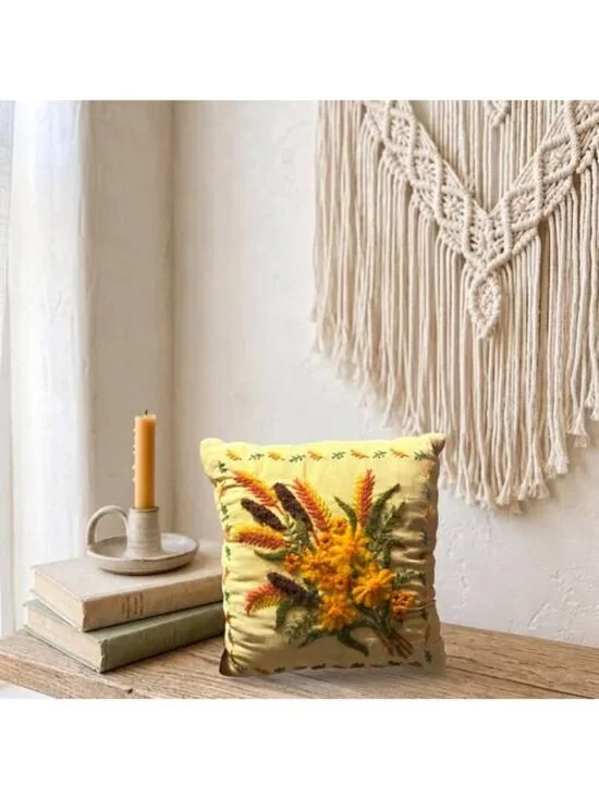Vintage Handmade Crewel Embroidered Floral Pillow With Yellow & Rust Tones 12