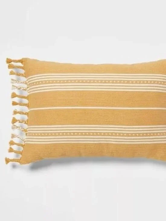 NEW Woven Stripe Braided Fringe Decorative Throw Pillow Dark Gold - Threshold.