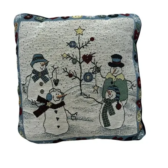Vintage Needlepoint Snowman Christmas Holiday Pillow Accent Blue White 90s