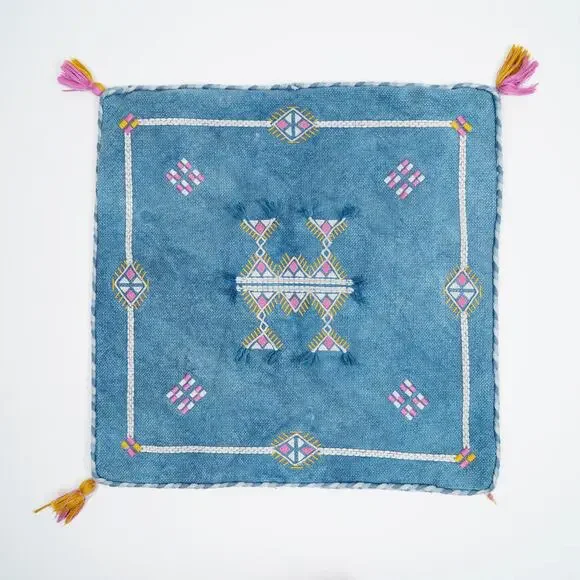 Moroccan Embroidered Pillow Cover 20x20 Blue Cotton Fringe Tassel Cushion Cover