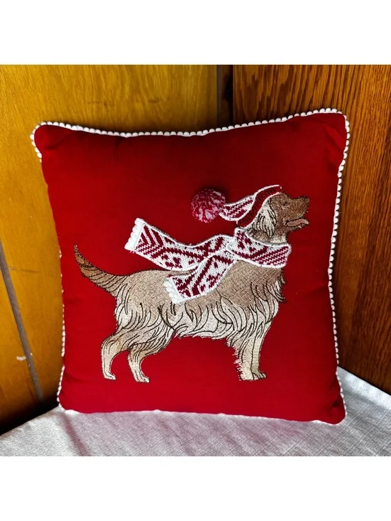 Vintage Pier 1 Christmas Golden Retriever Dog Pillow Red Embroidered 12x12