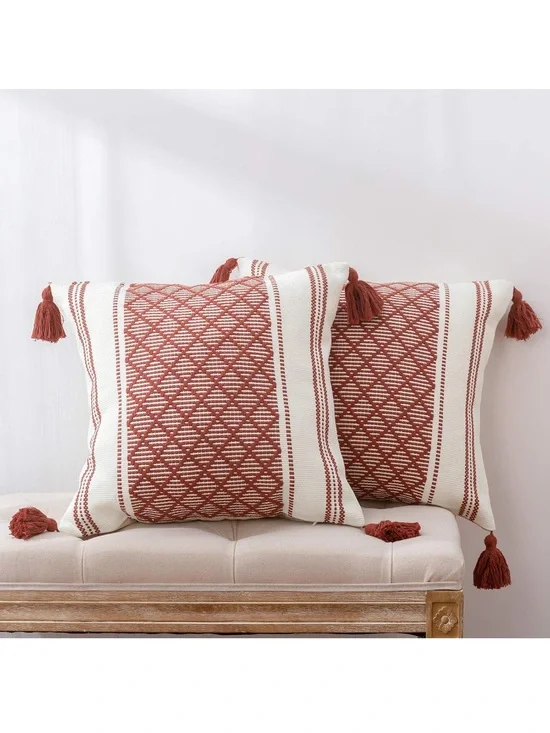 Boho Diamond Jacquard Tassel Throw Pillow Covers - Rust Cream (Set of 2) C10