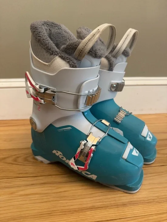 Nordica Kids Ski Boots 245mm US 1-2 Easy Entry Teal Beginner Youth READ