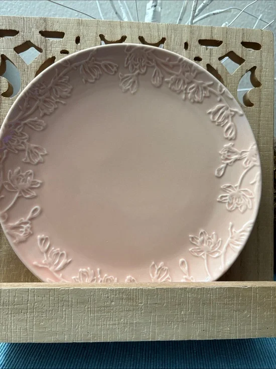 Blush Pink Floral Embossed Ceramic Dinner Plate with Bible scripture on the back