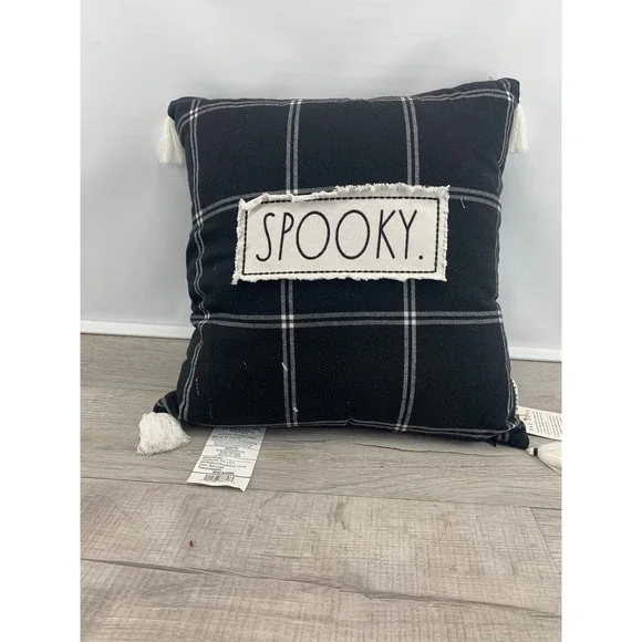 Rae Dunn Spooky Halloween Throw Pillow Black White Plaid Tassels 20x20