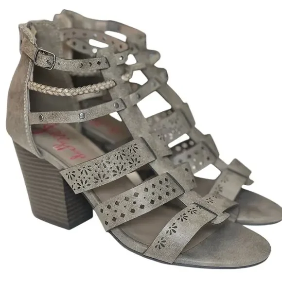 NWOT Jellypop Theresa Gray Taupe Heeled Sandals Cutout Zip Back - 9.5 M