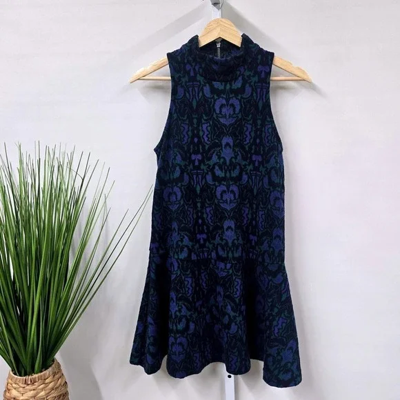 Free People Blue Purple Damask Sleeveless Mock Neck Drop Waist‎ Mini Dress XS