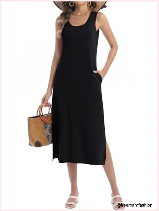 Soft Rayon Midi Dress with Pockets Side Split Summer Casual