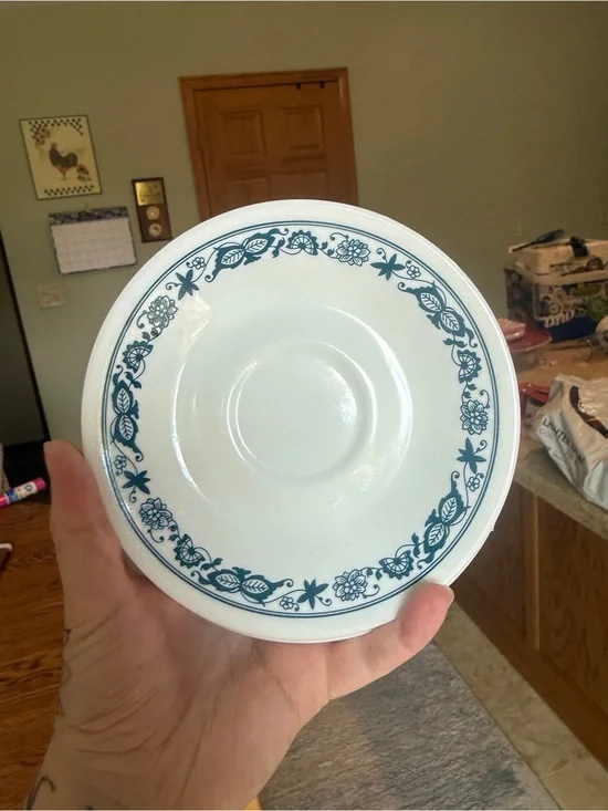 8 Corelle White Saucers with Teal Floral Vine Border