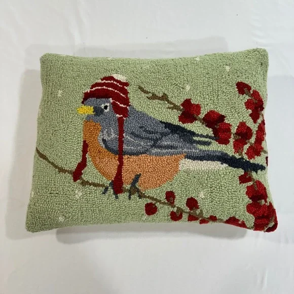 Grandin Road Hooked Wool Pillow Bluebird Winter Hat Green 18x14 Christmas Decor