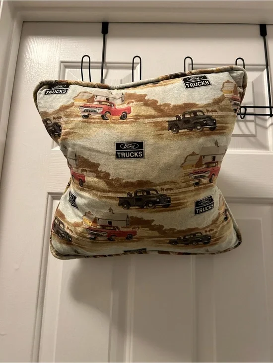 Source Unknown Beige and Red Ford Trucks Accent Pillow