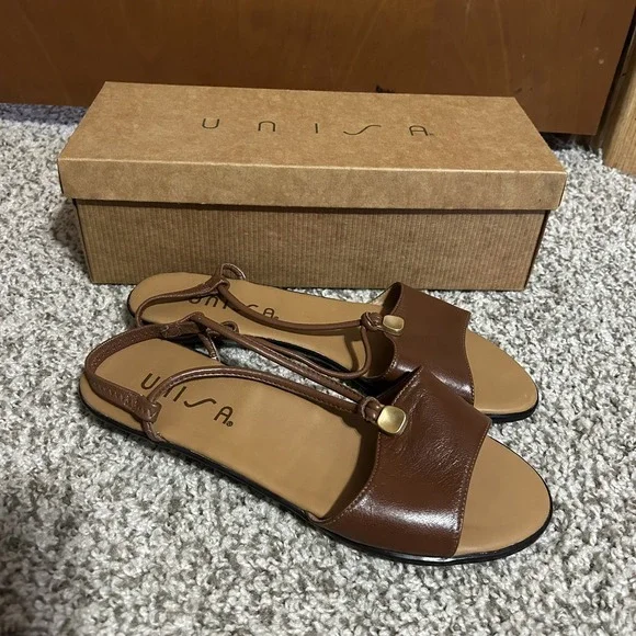 Vintage UNISA Women's Shoes Open Toe Size 8 Brown‎ Leather Upper - with Box