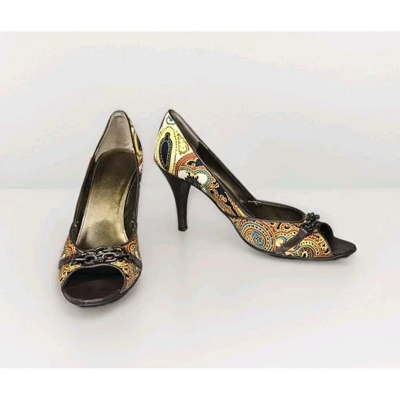 J.Crew Paisley Print Peep Toe Pump Heels Chain Detail Silk Fabric Made Italy 9.5