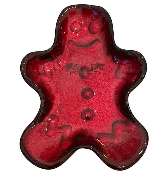 Akcam CHRISTMAS Gingerbread Man Glass Appetizer Plates Holiday Red Set of 4 New