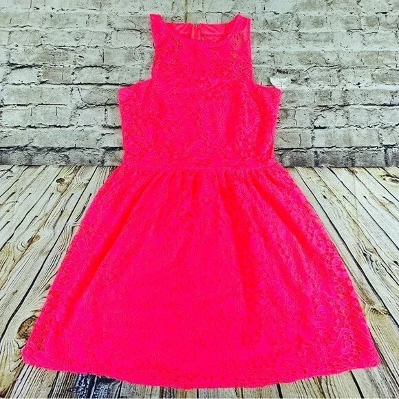 Speechless Lace Dress Womens L‎ Neon Pink High Neck Fit Flare Mini NWT