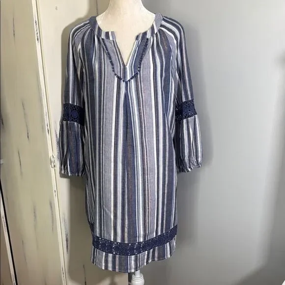 Crown & Ivy Striped Blue, White and metallic copper stripe Tunic Dress. Size L
