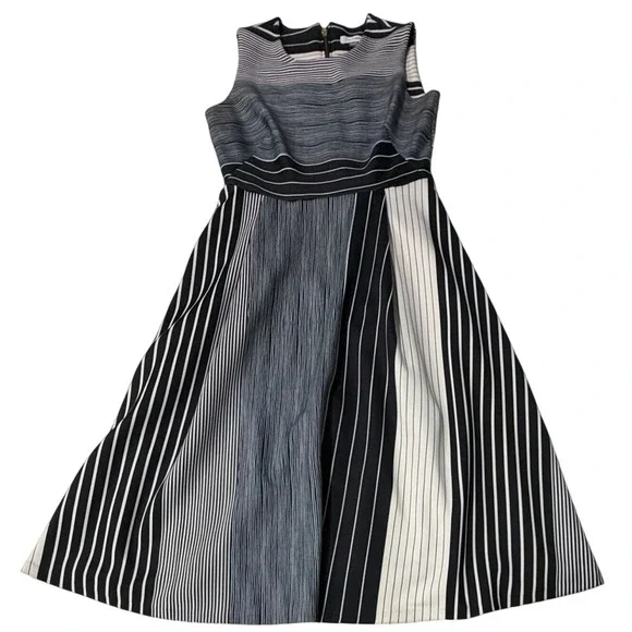 Calvin Klein Womens Black White Striped Fit Flare‎ Dress Moon Zipper Size 10