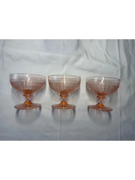 Set of 3 Pink Depression Glass Poinsettia Floral Sherbet Dessert Cups Footed 4¾”