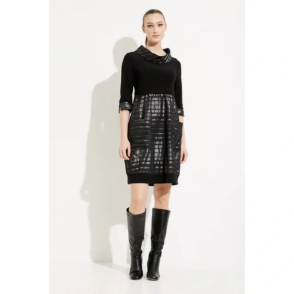 Joseph Ribkoff Black Cowl Neck‎ 3/4 Sleeve Metallic Stripe Dress Size 4