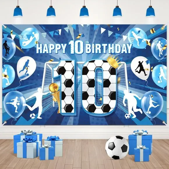 HAPPY 10TH BIRTHDAY Decorations Banner Backdrop (Blue Soccer)