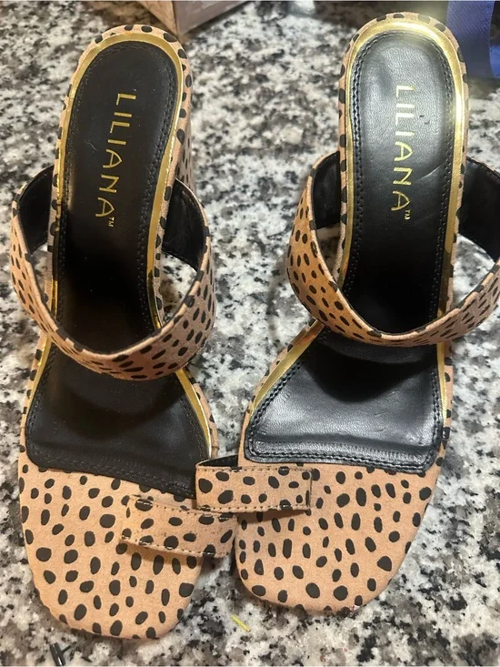 Liliana Leopard Print Tan and Black Heeled Sandals