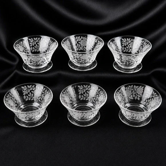 Tiffin Franciscan Roses Etched Glass Berry Dessert bowls Set of 6 Etched Footed