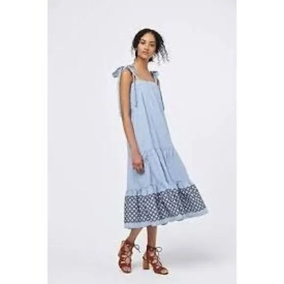 Rebecca Minkoff Lucy Embroidered Hem Midi Blue Dress Size Medium