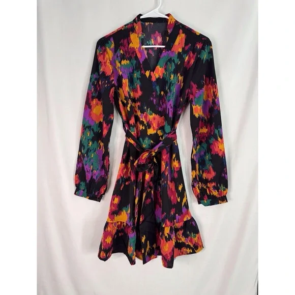 CUPSHE‎ NWT Size Small Colorful Abstract Floral Long Sleeve Tie Waist Dress