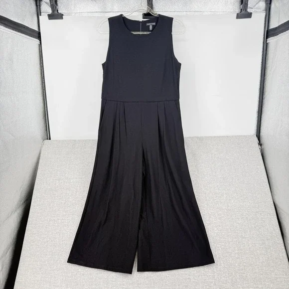 Eileen Fisher Dress Womens XS Black Midi Fit & Flare Sleeveless Pleated‎ Pockets
