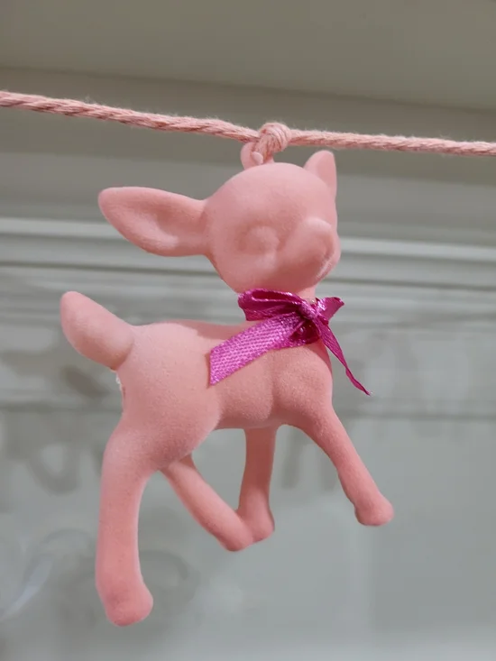 Ashland Pink Flocked Deer Ornament with Magenta Ribbon