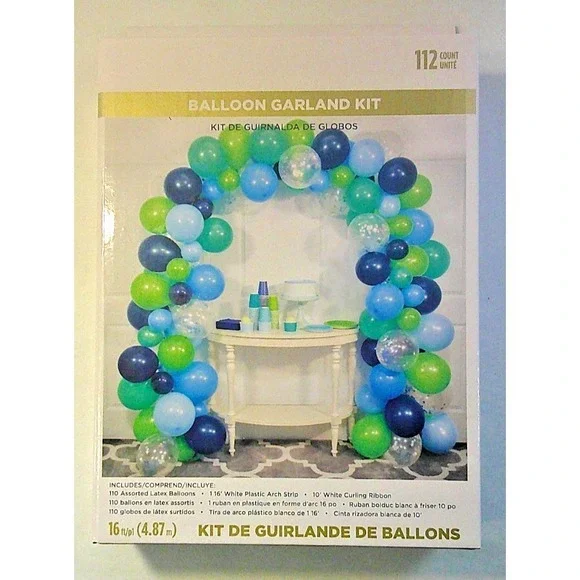 112 Piece‎ BALLOON GARLAND KIT - Blue, Green, Clear - w/Arch Strip & Ribbon