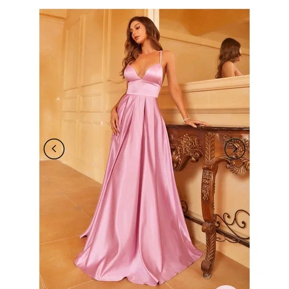 Satin Formal‎ Ball Gown Pink Spaghetti Strap Cross Back Maxi Dress Sz M