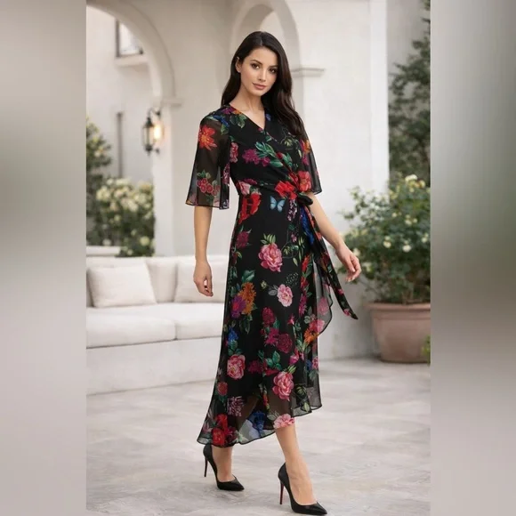 Joseph Ribkoff Floral Wrap Midi Dress Black Multicolor Size 8 Elegant Chic