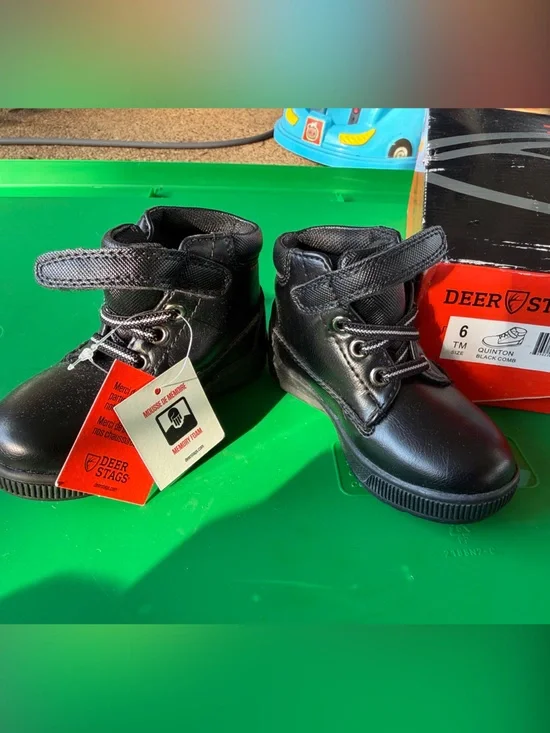 Deer Stags Kids Black Lace-Up Ankle Boots with Hook-and-Loop Strap