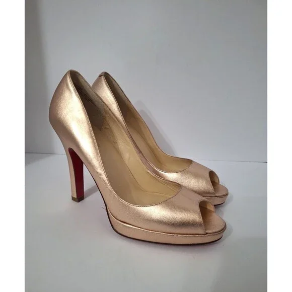 Oh! Deer! Vintage Leather Peep Toe Heels Women Sz 10 M Gold Platform Red Bottoms