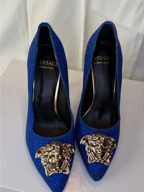 Versace Royal Blue Crystal Pointed-Toe Pumps with Gold Medusa