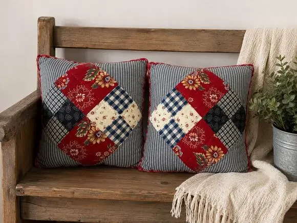 Patchwork Throw Pillow Pair Americana Farmhouse Cottagecore 13 Inch