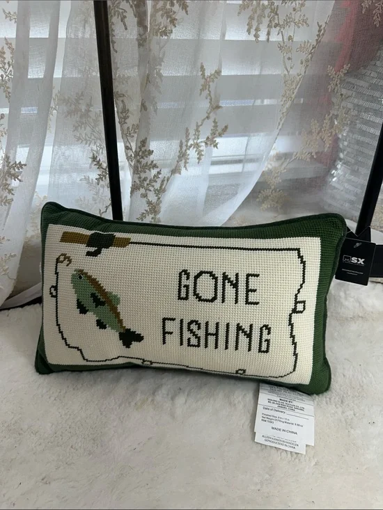 MSX GONE FISHING NEEDLEPOINT DECOR PILLOW