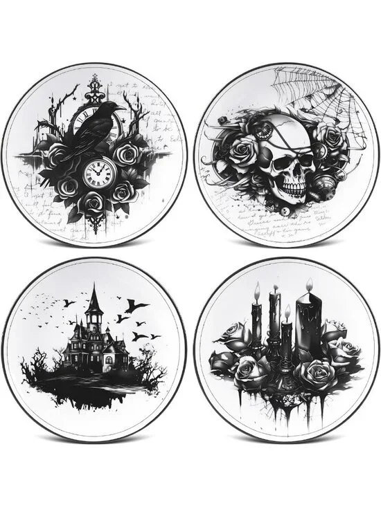 Gothic Halloween Dinnerware Set - 4 Ceramic Skull Plates for Spooky Decor