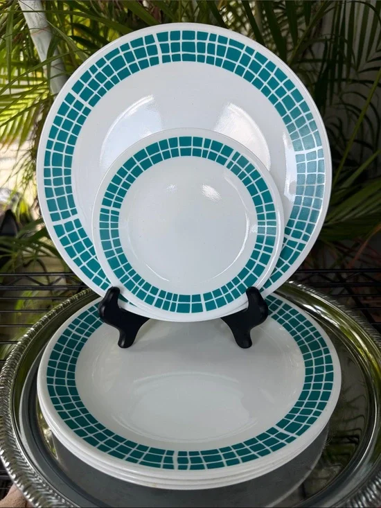 VTG Corelle Aqua Tiles Dinnerware Plate Set of 6 Blue Mosaic Design