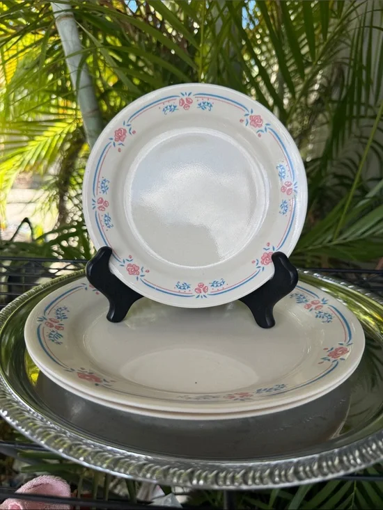 Vintage Corelle EMBROIDERY Dinner and Salad Plate Set of 4 for 2 Blue Pink USA